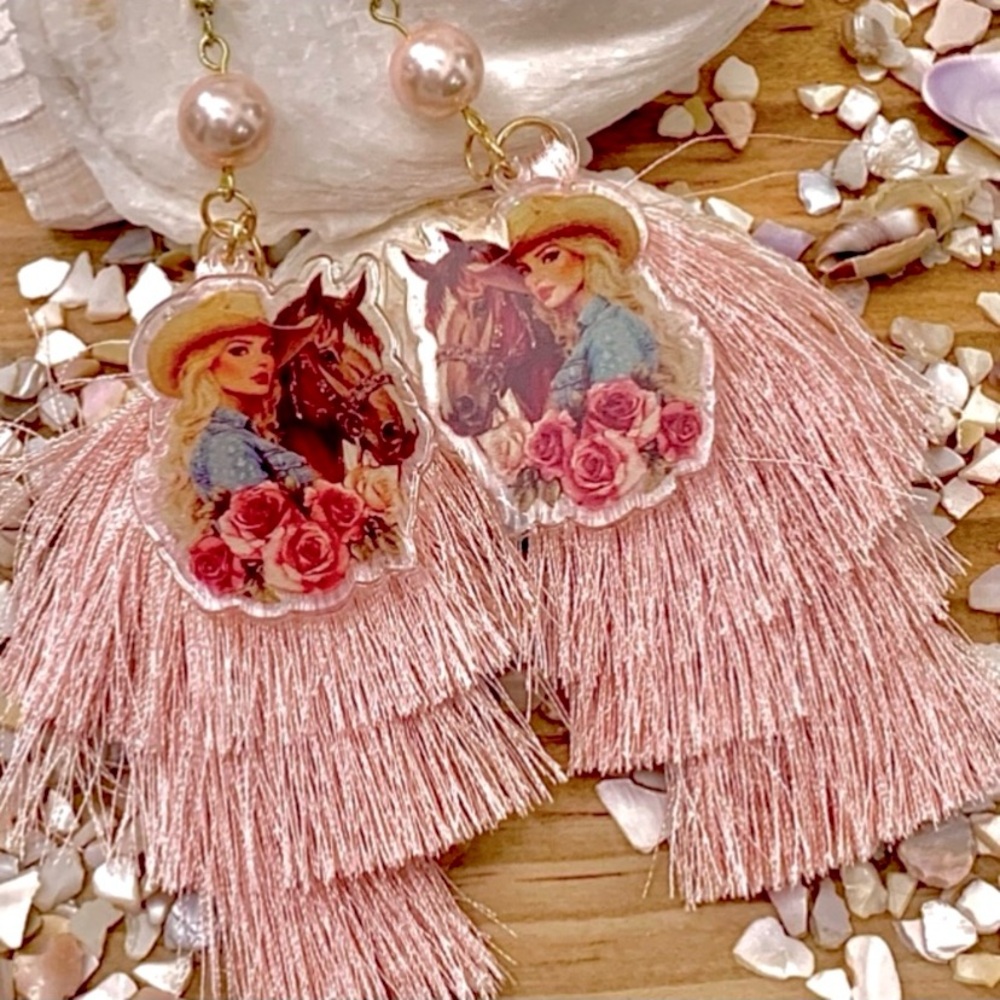 Country Girl Pink Tassel Earrings - Picture 4 of 4